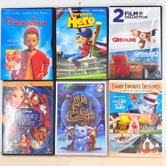 Other - 6 DVD Movie Lot Disney Beauty Beast Gremlins Cat Hat Pinocchio Family Kids